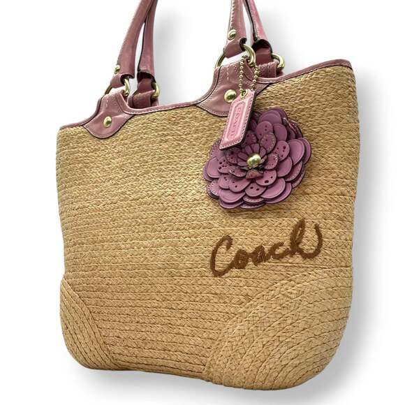 OTHERS Handbags - Coach 13373 Women's Straw Tote Bag with Tea Rose Flower Charm, Beige and Pink...